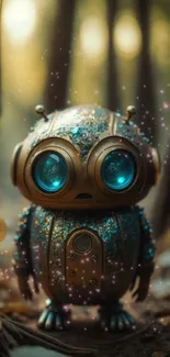 Cute robot with glowing eyes in an enchanted forest setting.