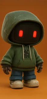 Cute robot in green hoodie with glowing red eyes on orange background.