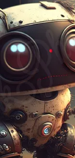 Adorable robot with big eyes and metallic design in a mobile wallpaper.