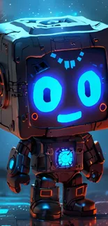 Charming neon robot with glowing blue face set in a futuristic digital world.