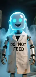 Cute robot scientist in a futuristic setting.