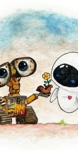 Charming watercolor art of two adorable robots sharing a moment.