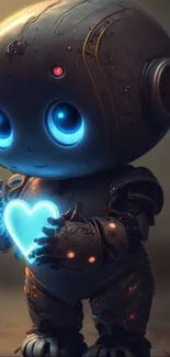 Adorable robot with blue glowing heart.