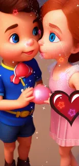 Cute cartoon couple with hearts and sparkles.