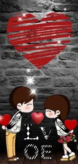 Romantic cartoon couple with hearts and brick wall background.