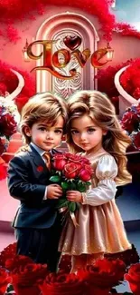 Cute couple in love with roses as wallpaper background.