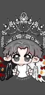 Cute cartoon angel with crown and wings on gray background.