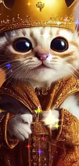 Adorable royal kitten with golden crown and robe on mobile wallpaper.