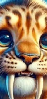Adorable cartoon saber-tooth tiger with big eyes.