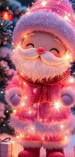 Cute cartoon Santa with sparkles and gifts.