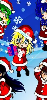 Cute anime characters in Santa outfits with blue festive background.