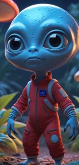 Cute alien in a colorful fantasy setting with mushrooms.