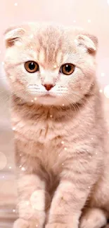 Charming Scottish Fold kitten with beige fur and wide eyes, sitting calmly.