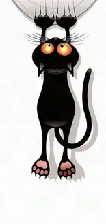 Cartoon black cat with orange eyes climbing on white background.