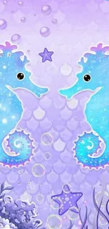 Cute seahorses with starfish in blue hues on mobile wallpaper.