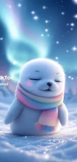 Cute seal with scarf in a snowy landscape under aurora skies.