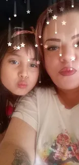 Woman and child making playful pout faces together.