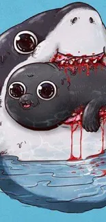 Colorful cartoon of a shark with a seal in its mouth.