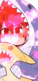 Anime character in shark hoodie hugging a toy with red hair.