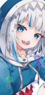 Anime character in shark-themed blue hoodie with bubbles.