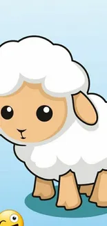 Adorable cartoon sheep on a light blue background with a playful emoji.