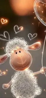 Cute sheep holding a balloon with glowing hearts.