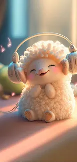 Cute sheep wearing headphones with soft light.