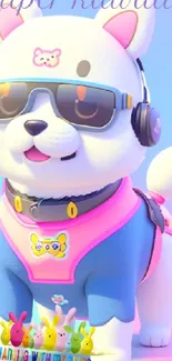 Shiba Inu with sunglasses and a pink-blue outfit.