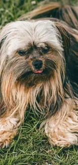 Shih Tzu dog lying on green grass