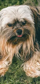 Cute Shih Tzu dog on green grass wallpaper.