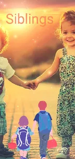 Two young siblings holding hands at sunset.