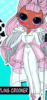 Cute cartoon doll with pink hair and wings, holding a microphone against aqua background.