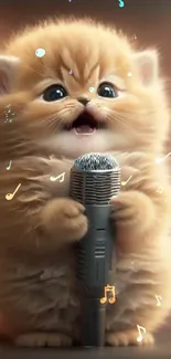 Adorable fluffy kitten with a microphone, creating a cute animal phone wallpaper.