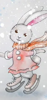 Cute bunny on ice skates with a scarf, snowflakes background.