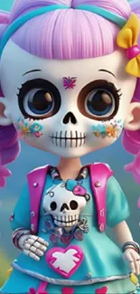 Cute skeleton doll with pink hair and colorful dress.