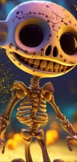 Cute skeleton in whimsical fantasy setting.