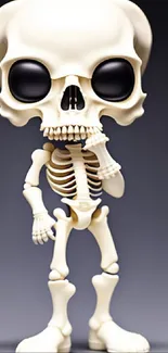 Cute skeleton figurine with large black eyes and beige tones on a dark background.