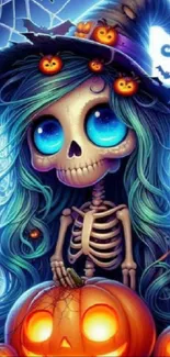 Cute skeleton with blue eyes and pumpkins in Halloween theme.