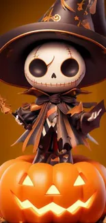 Cute skeleton in witch hat on pumpkin, Halloween theme.