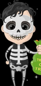 Cute skeleton holds trick-or-treat bag in Halloween wallpaper.