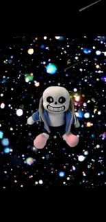 Cute skeleton plush toy floating in a starry galaxy background.