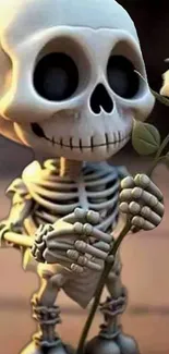 Adorable cartoon skeleton holding a white rose.