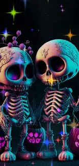 Cute skeletons with neon accents on Halloween-themed wallpaper.