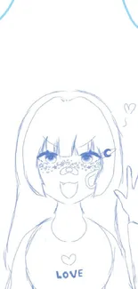 Anime-style sketch of a girl with playful expression and peace sign.