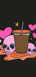 Cute mobile wallpaper with coffee cup, pink skulls and hearts on a dark background.