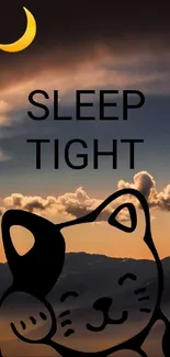 Cute cat under crescent moon with 'Sleep Tight' text on night sky wallpaper.