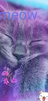 Adorable purple themed wallpaper of a sleeping cat with cute elements.