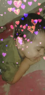 Cute child sleeping with colorful hearts overlay on beige background.