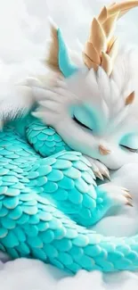 Cute sleeping dragon with cyan scales and golden horns, nestled in fluffy clouds.