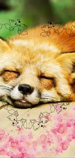 Cute orange fox sleeping on wood with floral accents.